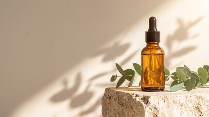 Amber glass cosmetic skincare serum dropper bottle standing on textured beige travertine stone pedestal next to botanical eucalyptus branch with soft morning sunlight. © D.APIWAT
