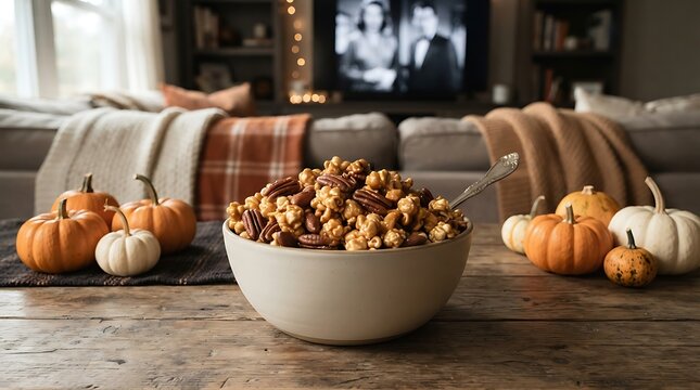 Fall harvest caramel popcorn with pecans on wooden table autumn decor.