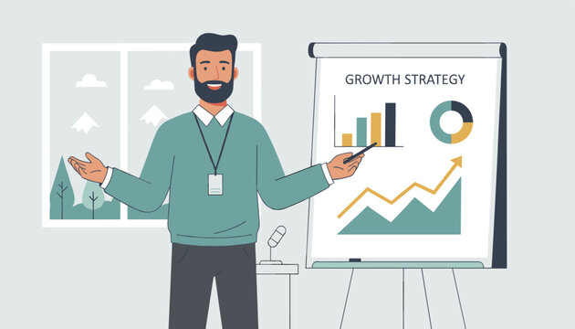 Smiling bearded businessman stands next to a whiteboard presenting corporate growth strategy with financial charts.