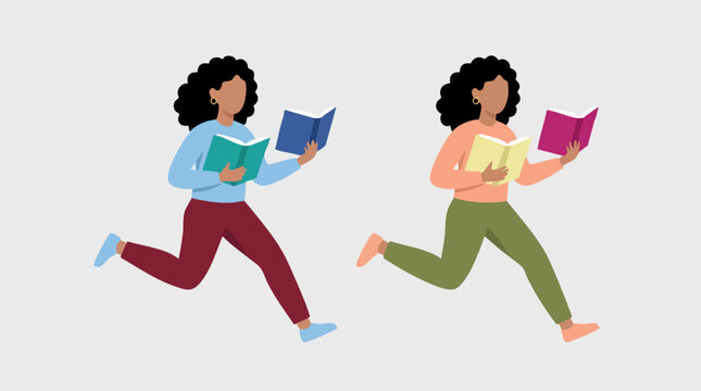 Diverse women running while reading books, flat vector illustration