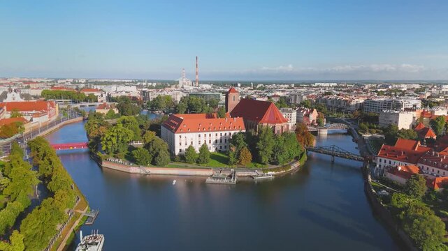 Wroclaw, Poland. Aerial view of Odra river and Sand Island (Wyspa Piasek)