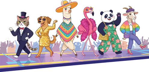 Fototapeta premium A diverse group of anthropomorphic animals walking down a fashion runway.