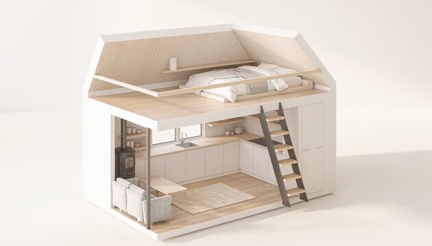 Tiny house interior design, modern minimalist small apartment with loft bedroom, compact kitchen, living area, and wood stove, architectural cross-section view.