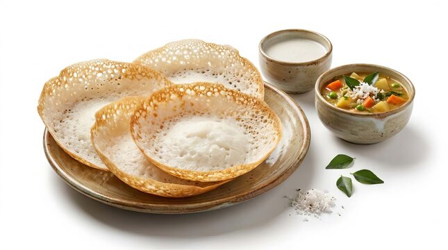 Traditional South Indian Appam stacked on a golden plate with vegetable stew and coconut chutney