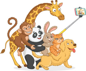 Obraz premium A group of diverse cartoon animals taking a group selfie together.