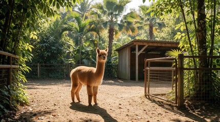 Fototapeta premium A light brown alpaca stands in a sunny outdoor enclosure. Rich green trees and palm fronds surround the animal pen. A rustic shelter and metal fence are visible in the background.