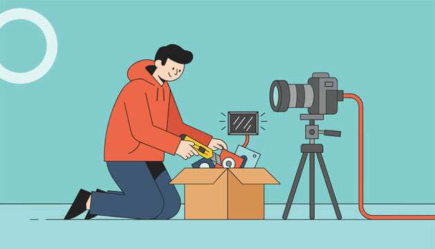 Young videographer creating content by filming tutorial on unboxing vintage floppy disks and cassettes with camera on tripod.