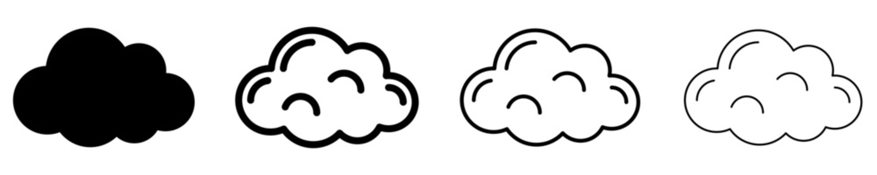 Set of cloud icons, symbols for weather, atmospheric phenomena, cloud computing, softness, and nature.