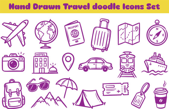 Comprehensive transport and accommodation travel icons set in hand drawn doodle style including train and car and ship and plane plus mountains and camping tent for vacationers.