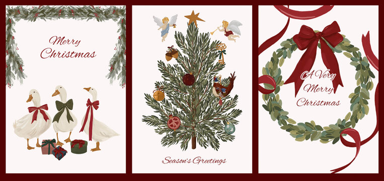 Christmas Greeting Card Set with Geese Tree and Holiday Wreath