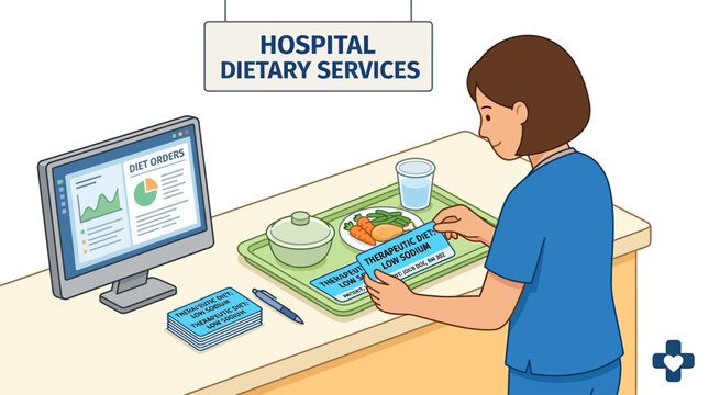 Hospital dietitian reviewing dietary orders and preparing meals