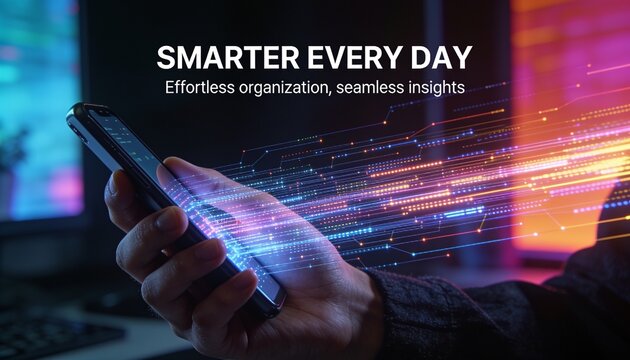 Close-up of a human hand holding a smartphone as digital notifications transform into organized glowing data streams in a dark modern setting with colorful accents and premium advertising typography.