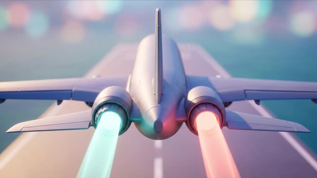 ミントとコーラルの光を放ち滑走路から離陸する未来的なジェット機の3DCG背景
