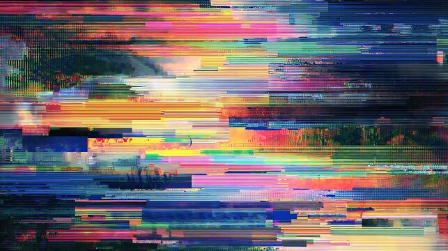 Abstract pixel sorting creates a horizontal multi-colored landscape effect resembling a digital sunset over a pixelated terrain.