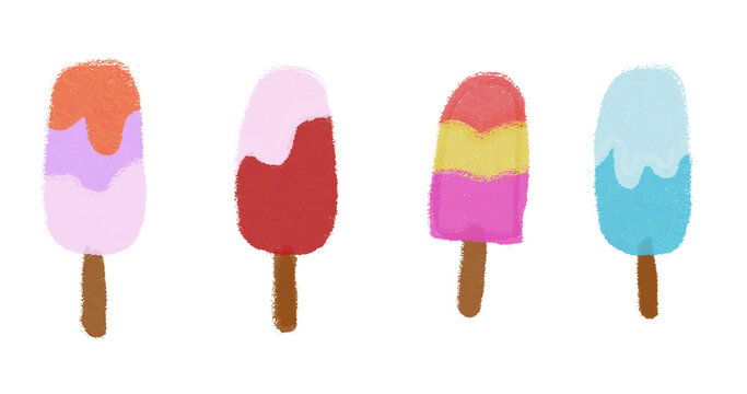 Cute hand-drawn popsicle set isolated on transparent background, featuring four colorful textured ice pop illustrations on wooden sticks for summer design.