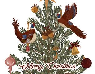 Obraz premium Christmas Tree with Pheasants and Vintage Ornaments