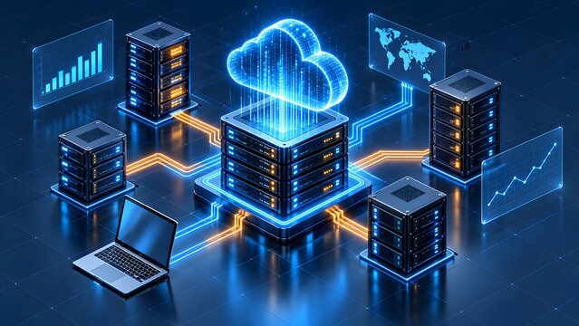 Cloud computing concept with glowing digital cloud hologram hovering over server stack connected to laptop and global network data analytics screens