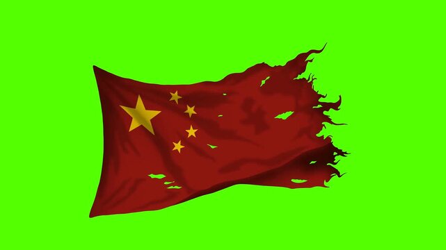 Animation of flag, Tattered National Flag of China with holes symbolises historical conflicts, illustrating political science concepts and international relations pedagogy, green screen