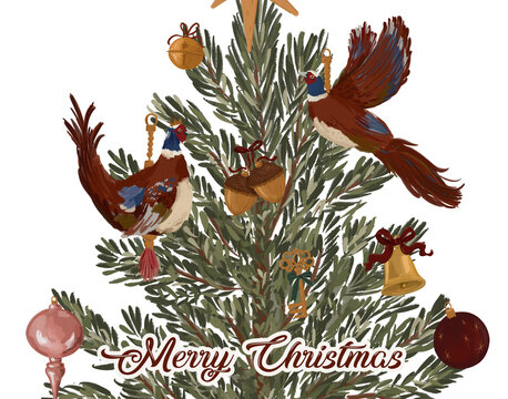 Christmas Tree with Pheasants and Vintage Ornaments