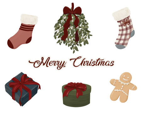 Christmas Mistletoe Gifts and Stockings Illustration Set