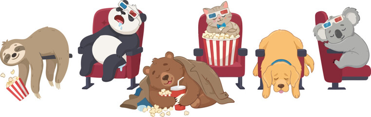 Fototapeta premium A collection of cute cartoon animals enjoying a movie theater experience together.