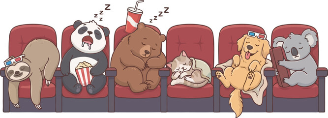 Fototapeta premium A group of diverse animals sitting in red theater seats watching a movie.