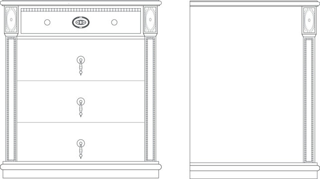 Technical CAD drawing of a classical chest of drawers showing front and side elevations with three drawers, inserted keys, and decorative pilasters.