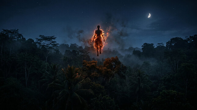 Banaspati Floating Above a Forest, A supernatural Banaspati spirit appearing as a mysterious human-like figure surrounded by glowing flames above a dark Indonesian forest at night