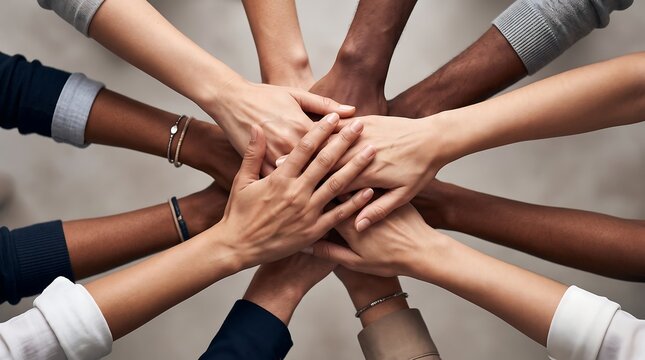 Diverse group of business professionals stacking hands together in center to represent unity and teamwork and cooperation in modern corporate office environment with blurry background