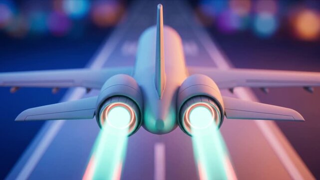 ミントとコーラルの光を放ち滑走路から離陸する未来的なジェット機の3DCG背景