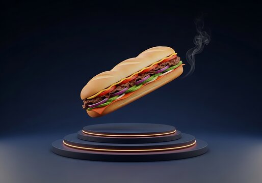 Giant sub sandwich floating over glowing platform