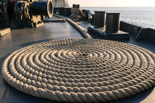 Coiling the mooring rope neatly on the steel ship's deck next to the winches and bollards, the nautical equipment bathed in gentle light as the sea remained calm beyond; a blend of industrial, maritim