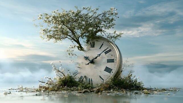 A small tree growing from a rustic analog clock surrounded by green grass with tree growth clock face tree roots life cycle passing time vintage clock nature time clock mechanism time flow