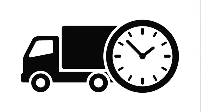 Delivery truck silhouette with clock face representing timely logistics