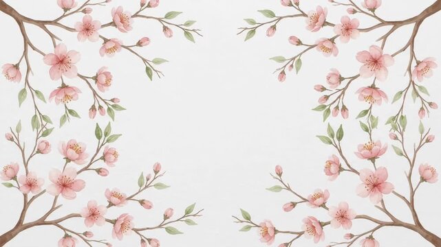 Watercolor painting of delicate pink cherry blossoms on branches, forming a decorative border on a light background, perfect for spring designs and invitations.