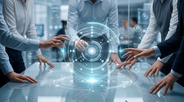 Corporate team members interacting with central glowing holographic radar interface in modern office setting for high level data visualization and strategic business decision making processes