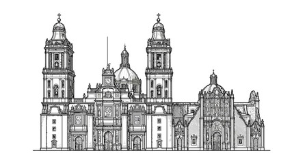 Fototapeta premium Detailed vector illustration of the historic Metropolitan Cathedral located in central Mexico City city center urban