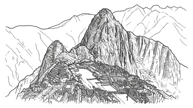Detailed black and white vector illustration of machu picchu ruins featuring majestic and ancient mountain peaks