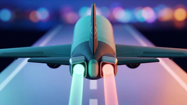 ミントとコーラルの光を放ち滑走路から離陸する未来的なジェット機の3DCG背景