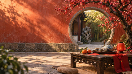 Obraz premium Chinese New Year tea table in plum blossom courtyard