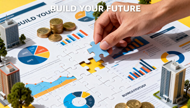 Close-up of a hand placing the final piece into a business strategy puzzle made of charts, coins, documents and miniature buildings, with bright colors and &ldquo;BUILD YOUR FUTURE&rdquo; typography.
