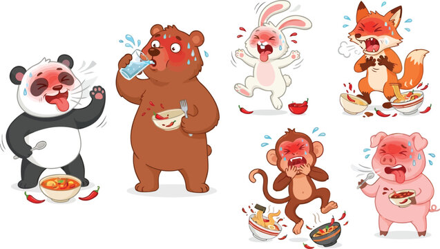 A collection of cute cartoon animals eating spicy food and reacting with heat.
