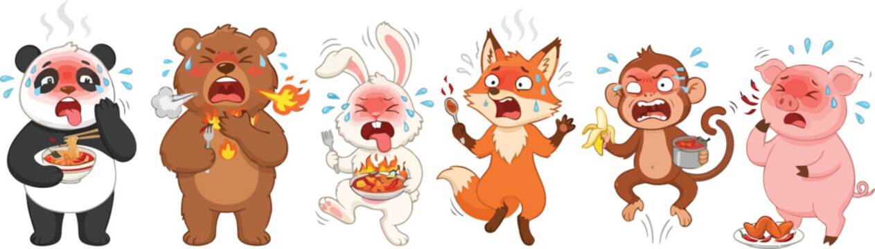 A collection of cute cartoon animals reacting to eating very spicy food.