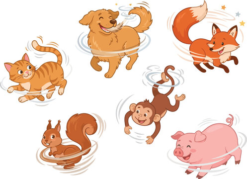 A collection of cute cartoon animals including a cat dog fox monkey squirrel and pig.