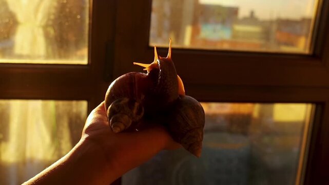 Close-up of two giant African land snails with different foot colors on a boy's hand at sunset. Detailed shot showing shell cracking and peeling under natural golden hour light.