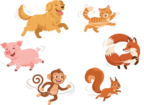 A collection of cute cartoon animals including a dog cat pig fox monkey and squirrel running.
