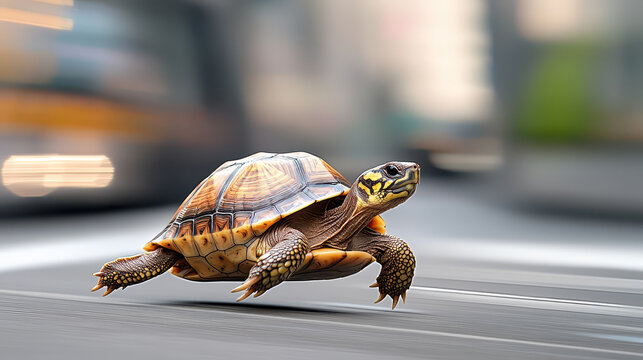 Turtle running swiftly on blurred street, showcasing its vibrant shell and dynamic movement. scene captures sense of speed and agility