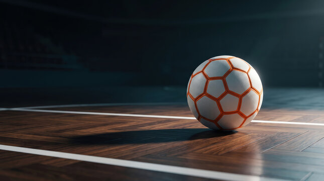Official textured futsal match ball resting on polished indoor parquet wooden sports arena court with white boundary lines in dramatic spotlight side illumination.
