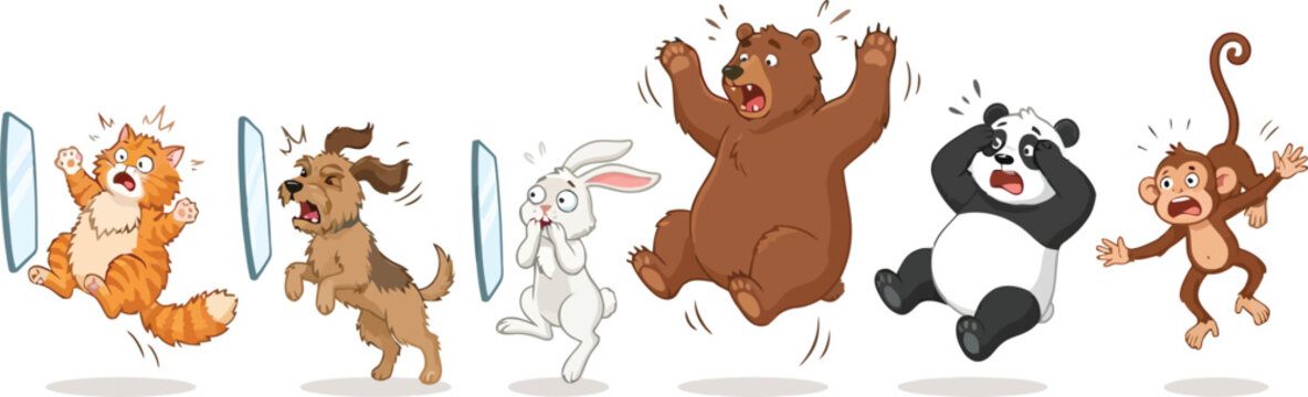 A collection of cartoon animals including a cat dog rabbit bear panda and monkey jumping in surprise.