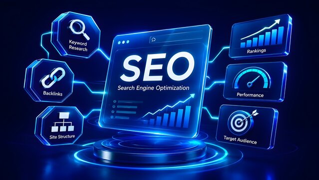 Futuristic 3D dashboard displaying SEO Search Engine Optimization with glowing digital metrics for keyword research, backlinks, rankings, and performance.